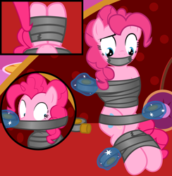 Size: 3247x3321 | Tagged: safe, artist:cardshark777, derpibooru import, pinkie pie, earth pony, pony, g4, 3 panel comic, bondage, bound and gagged, comic, fainting couch, female, femsub, first pony view, gag, helpless, looking down, magic, mare, panel, panels, pink coat, pink mane, sequel, sitting, solo, submissive, tape, tape bondage, tape gag, wrapping