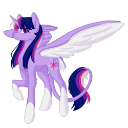 Size: 2000x2000 | Tagged: safe, artist:sychia, derpibooru import, twilight sparkle, twilight sparkle (alicorn), alicorn, pony, g4, alternate hairstyle, coat markings, concave belly, female, freckles, large wings, leonine tail, mare, raised hoof, raised leg, redesign, simple background, slender, solo, spread wings, tail, tail feathers, thin, transparent background, wings