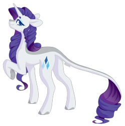 Size: 1788x1794 | Tagged: safe, artist:sychia, derpibooru import, rarity, pony, unicorn, g4, alternate hairstyle, coat markings, concave belly, female, horn, leonine tail, mare, raised hoof, raised leg, redesign, simple background, slender, solo, tail, thin, transparent background, wide eyes