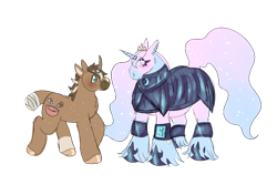 Size: 1500x1000 | Tagged: safe, artist:iridescentclaws, derpibooru import, oc, oc only, oc:cinnamon sugar, oc:moonlight blossom, alicorn, hybrid, lizard, pony, unicorn, fallout equestria, armor, armored pony, brown coat, couple, draft horse, horn, hybrid oc, lizard pony, pink coat, pipbuck, pony hybrid, princess, sparkly mane, sparkly tail, tail