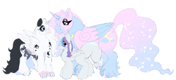 Size: 2161x985 | Tagged: safe, artist:iridescentclaws, derpibooru import, oc, oc only, oc:hydrangea, oc:moonlight blossom, oc:shimmer shine, alicorn, hippogriff, hybrid, pony, alicorn oc, draft horse, dragon hybrid, hippogriff oc, horn, hybrid oc, iridescence, iridescent coat, iridescent scales, piebald, piebald coat, pink coat, pony hybrid, shiny hooves, sparkly hooves, sparkly mane, sparkly tail, tail, white coat, wings