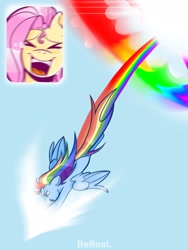 Size: 1620x2160 | Tagged: safe, artist:zombeedog, derpibooru import, fluttershy, rainbow dash, pegasus, pony, g4, sonic rainboom (episode), bereal., crying, duo, duo female, excited, eyes closed, female, flutterdash, flying, happy, lesbian, mare, meme, open mouth, open smile, outdoors, picture-in-picture, scene interpretation, screaming fan meme, shipping, smiling, sonic rainboom, spread wings, tail, tears of joy, wings