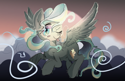 Size: 5950x3850 | Tagged: safe, artist:kawaiipony2, derpibooru import, vapor trail, pegasus, pony, g4, absurd resolution, cloud, cute, female, looking at you, mare, one eye closed, smiling, smiling at you, solo, spread wings, tail, vaporbetes, wings, wink, winking at you