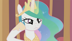 Size: 3840x2160 | Tagged: safe, artist:forgalorga, derpibooru import, part of a set, screencap, princess celestia, alicorn, pony, alicorn horn, canterlot castle, celestia is best princess (animation), celestia is not amused, celestia's crown, chestplate, crown, female, focus, glowing, glowing horn, hooves, hooves on face, hooves up, horn, jewelry, long hair, long horn, long mane, magic, mare, multicolored mane, regalia, show accurate, solo, solo female, spanish description, sparkles, telekinesis, throne, throne room, unamused, you must be new here