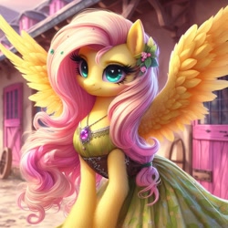 Size: 1024x1024 | Tagged: safe, ai content, machine learning generated, fluttershy, pegasus, pony, bing, clothes, dress, female, green dress, jewelry, leaves in hair, mare, ponyville, smiling, solo, spread wings