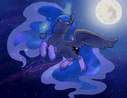 Size: 3300x2550 | Tagged: safe, artist:frozen-fortune, derpibooru import, princess luna, alicorn, pony, g4, clothes, concave belly, cute, earbuds, eyes closed, female, flying, full moon, glowing, glowing horn, happy, high res, horn, ipod, levitation, lunabetes, magic, mare, mare in the moon, moon, mp3 player, night, socks, solo, spread wings, stars, telekinesis, time paradox, wings