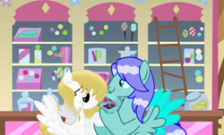 Size: 2727x1650 | Tagged: safe, artist:ncolque, derpibooru import, oc, oc only, oc:aqua drop, oc:honeybun, pegasus, pony, crying, duo, duo male and female, female, male, marriage proposal, screencap background, smiling, spread wings, sugarcube corner, wings