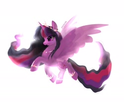 Size: 2048x1726 | Tagged: safe, artist:petaltwinkle, derpibooru import, twilight sparkle, twilight sparkle (alicorn), alicorn, pony, g4, bracelet, crown, female, flying, jewelry, majestic, mare, necklace, regalia, signature, simple background, solo, spread wings, wavy mane, white background, wings