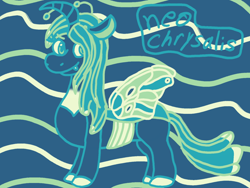 Size: 1600x1200 | Tagged: safe, artist:mintwhistle, derpibooru import, queen chrysalis, changedling, changeling, changeling queen, g4, abstract background, antennae, changedling queen, chrysalis day, colored hooves, confident, fangs, female, limited palette, looking back, medibang paint, purified chrysalis, smiling, solo, wings