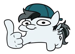 Size: 1201x865 | Tagged: safe, alternate version, artist:jargon scott, derpibooru import, oc, oc only, pegasus, pony, backwards ballcap, baseball cap, cap, commission, hat, male, simple background, solo, squatpony, stallion, suddenly hands, thumbs up, white background