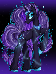 Size: 3000x4000 | Tagged: safe, artist:floralshitpost, derpibooru import, nightmare rarity, unicorn, g4, spoiler:comic, crown, diamond eyes, eyelashes, eyeshadow, glowing, horn, jewelry, lidded eyes, long legs, makeup, raised hoof, raised leg, regalia, solo, tall, unshorn fetlocks, wingding eyes