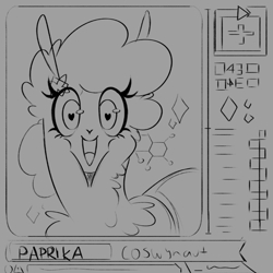 Size: 874x873 | Tagged: safe, artist:poxy_boxy, derpibooru import, paprika paca, alpaca, them's fightin' herds, bust, community related, grayscale, heart, heart eyes, looking at you, monochrome, open mouth, open smile, sketch, smiling, smiling at you, solo, wingding eyes, wip