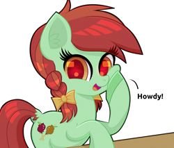 Size: 2000x1700 | Tagged: safe, artist:scandianon, derpibooru import, candy apples, earth pony, pony, apple family member, female, hoof on cheek, howdy, looking at you, mare, open mouth, open smile, simple background, smiling, solo, talking to viewer, white background