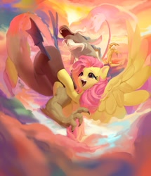 Size: 1287x1496 | Tagged: safe, artist:vondsketch, derpibooru import, discord, fluttershy, bat pony, pegasus, pony, g4, abstract background, cloud, discoshy, duo, female, heart, heart eyes, large wings, male, open mouth, raised hoof, raised leg, shipping, sky background, spread wings, straight, wingding eyes, wings