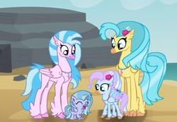 Size: 3173x2195 | Tagged: safe, artist:galaxynightsparkle, derpibooru import, princess skystar, silverstream, oc, oc:feather tail, oc:kiarina, hippogriff, hybrid, g4, base used, cousins, female, group, hippogriffon, interspecies offspring, mother and child, mother and daughter, offspring, older, older silverstream, parent and child, parent:gallus, parent:princess skystar, parent:silverstream, parents:gallstream