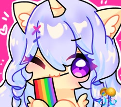 Size: 1264x1112 | Tagged: safe, artist:petaltwinkle, derpibooru import, oc, oc only, alicorn, pony, :3, alicorn oc, big ears, big eyes, blushing, chibi, colored ear fluff, commission, cream coat, ear fluff, ears, emanata, eye clipping through hair, eyebrows, eyebrows visible through hair, floating heart, gay pride flag, hairclip, heart, holding flag, horn, icon, long mane, mouth hold, one eye closed, outline, pink background, pride, pride flag, profile picture, purple eyes, purple mane, raised hoof, raised leg, ringlets, shiny mane, simple background, small wings, smiling, solo, spread wings, unicorn horn, unnamed oc, wingding eyes, wings, wink, ych result, yellow coat, your character here