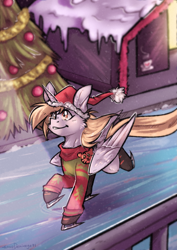 Size: 1879x2658 | Tagged: safe, artist:lonerdemiurge_nail, derpibooru import, derpy hooves, alicorn, pony, alicornified, chest fluff, christmas, christmas sweater, christmas tree, clothes, commission, derpicorn, female, hat, holiday, ice skates, ice skating, mare, race swap, santa hat, skates, solo, sweater, tree