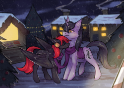 Size: 2678x1893 | Tagged: safe, artist:lonerdemiurge_nail, derpibooru import, oc, oc only, pegasus, pony, unicorn, clothes, commission, duo, female, horn, male, mare, night, scarf, shared clothing, shared scarf, snow, snowfall, stallion, tree