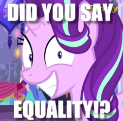 Size: 563x556 | Tagged: safe, derpibooru import, edit, edited screencap, screencap, starlight glimmer, pony, unicorn, g4, no second prances, caption, cropped, equality, female, grin, horn, image macro, looking at you, mare, smiling, smiling at you, solo, text, this will end in equalization, twilight's castle