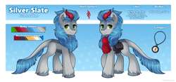 Size: 2900x1353 | Tagged: safe, artist:madelinne, derpibooru import, oc, oc:silver slate, kirin, clothes, full body, kirin oc, leonine tail, male, reference sheet, scarf, solo, stallion, tail