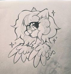 Size: 1947x2048 | Tagged: safe, artist:mirtash, derpibooru import, oc, oc only, oc:fluff fablewing, pegasus, pony, blushing, commission, glasses, heart, heart eyes, nonbinary, pegasus oc, pencil drawing, smiling, solo, spread wings, traditional art, transgender oc, wingding eyes, wings