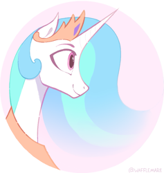 Size: 855x902 | Tagged: safe, artist:waffletheheadmare, derpibooru import, princess celestia, alicorn, pony, g4, bust, crown, horn, jewelry, multicolored hair, pink eyes, portrait, profile, regalia, simple background, smiling, solo