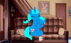 Size: 2600x1584 | Tagged: safe, artist:memeartboi, derpibooru import, pegasus, pony, unicorn, affection, baby, baby pony, bonding, colt, cuddling, cup, cute, duo, duo male and female, female, foal, gumball watterson, happy, heart, heartwarming, horn, hug, hugging a pony, living room, male, mare, mother, mother and child, mother and son, motherly, motherly love, nicole watterson, parent and child, ponified, smiling, sofa, species swap, the amazing world of gumball, wholesome, wings