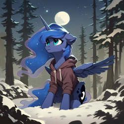 Size: 2048x2048 | Tagged: safe, ai content, derpibooru import, generator:pony diffusion v6 xl, generator:stable diffusion, machine learning generated, princess luna, alicorn, pony, g4, clothes, forest, hoodie, horn, looking up, moon, nature, night, one ear down, prompter:liladash, sad, sitting, snow, solo, tree, wings