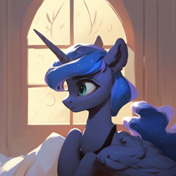 Size: 2048x2048 | Tagged: safe, ai content, derpibooru import, generator:pony diffusion v6 xl, generator:stable diffusion, machine learning generated, princess luna, alicorn, pony, g4, ear fluff, ears, horn, morning, prompter:liladash, solo, window, wing fluff, wings