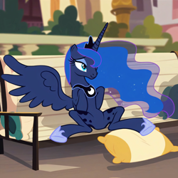 Size: 4096x4096 | Tagged: source needed, safe, ai content, derpibooru import, generator:pony diffusion v6 xl, generator:stable diffusion, machine learning generated, princess luna, belly, bench, canterlot, concave belly, crown, cushion, ethereal mane, featureless crotch, female, hoof shoes, horn, jewelry, lidded eyes, long horn, long mane, mare, no tail, one wing out, peytral, princess shoes, prompter needed, regalia, show accurate, sitting, slender, solo, spread legs, spreading, thin, wings