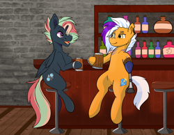 Size: 2048x1586 | Tagged: safe, artist:diethtwoo, artist:single purpose, derpibooru import, oc, oc only, oc:sapphire, oc:treading step, earth pony, pegasus, collaboration, amputee, bar, chair, cider, coat markings, female, male, open mouth, prosthetic limb, prosthetics, smiling, stool