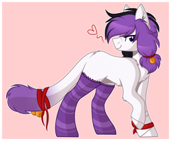 Size: 2094x1720 | Tagged: safe, artist:krypticquartz, derpibooru import, oc, oc only, earth pony, pony, augmented, augmented tail, bell, clothes, female, mare, simple background, socks, solo, striped socks, tail