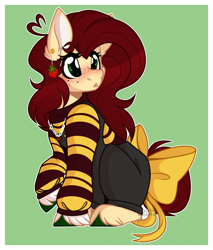 Size: 1394x1638 | Tagged: safe, artist:krypticquartz, derpibooru import, oc, oc only, earth pony, pony, bow, clothes, ear piercing, earring, female, freckles, jewelry, mare, overalls, piercing, simple background, solo, sweater, tail, tail bow