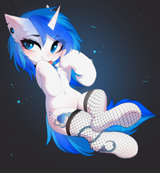 Size: 3150x3410 | Tagged: safe, artist:empress-twilight, derpibooru import, oc, oc only, oc:mind, pony, unicorn, belly button, clothes, cute, female, fishnet clothing, fishnet stockings, high res, horn, mare, piercing, socks, solo, stockings, thigh highs