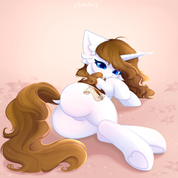 Size: 3000x3000 | Tagged: safe, artist:persikulka, derpibooru import, oc, oc:white storm, pony, unicorn, butt, butt focus, dock, ear fluff, ears, featureless crotch, female, hoof heart, hooves, horn, large butt, looking at you, lying down, mare, on side, plot, solo, tail, thicc thighs, underhoof