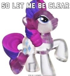 Size: 735x806 | Tagged: safe, derpibooru import, edit, editor:classiccoffe123, rarity, crystal pony, pony, unicorn, g4, alternate mane color, blind bag, blue eyes, caption, clear, crystal unicorn, curly hair, curly mane, curly tail, eyeshadow, female, font name needed, horn, i've made myself clear, irl, lidded eyes, makeup, mare, meme, photo, pun, raised hoof, raised leg, ringlets, see-through, simple background, smiling, solo, sparkles, sparkly eyes, standing, stars, tail, text, toy, translucent, transparent horn, two toned mane, two toned tail, unicorn horn, visual pun, white background, wingding eyes