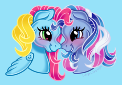 Size: 2300x1600 | Tagged: safe, artist:leopardsnaps, derpibooru import, thistle whistle, earth pony, pegasus, pony, g3, blue background, cute, duo, duo female, female, lesbian, light blue background, looking at each other, looking at someone, mare, multicolored hair, nose to nose, shenanigans (g3), shipping, simple background, smiling, smiling at each other, thistlebetes