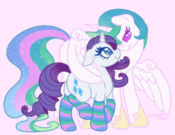 Size: 3000x2300 | Tagged: safe, artist:leopardsnaps, derpibooru import, princess celestia, rarity, alicorn, pony, unicorn, g4, alternate hairstyle, clothes, duo, duo female, female, horn, hug, jewelry, lesbian, looking at each other, looking at someone, nervous, nervous sweat, pink background, regalia, ship:rarilestia, shipping, simple background, smiling, smiling at each other, socks, striped socks, wing hold, winghug, wings