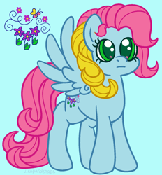 Size: 1192x1285 | Tagged: safe, artist:leopardsnaps, derpibooru import, thistle whistle, pegasus, pony, g3, g4, :i, blue background, curly hair, curly mane, cutie mark, g3 to g4, generation leap, multicolored hair, reference sheet, simple background, solo, spread wings, wings