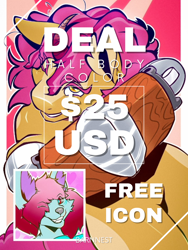 Size: 1728x2304 | Tagged: safe, artist:barnnest, derpibooru import, oc, kirin, advertisement, amputee, coat markings, collage, commission, commission info, commission open, golden eyes, halfbody, horn, icon, orange coat, pink mane, price sheet, price tag, prosthetic limb, prosthetics, solo