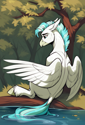 Size: 3328x4864 | Tagged: safe, ai content, artist:arsnova, derpibooru import, machine learning generated, terramar, classical hippogriff, hippogriff, g4, beak, detailed background, dock, ears, feathered wings, floppy ears, male, older terramar, prompter:arsnova, sad, solo, tail, water, wings