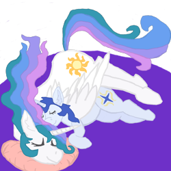 Size: 1000x1000 | Tagged: safe, artist:silverfishv9, derpibooru import, princess celestia, oc, oc:azure star (silverfishv9), alicorn, unicorn, blue mane, cuddling, duo, horn, parent:princess celestia, simple background, size difference, sleeping, unicorn oc, wings