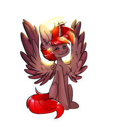 Size: 2001x2224 | Tagged: safe, artist:pizzalover, derpibooru import, oc, oc:hardy, alicorn, pony, blushing, chest fluff, ear fluff, ears, eyes closed, full body, high res, male, nimbus, simple background, sitting, smiling, solo, spread wings, stallion, white background