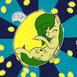 Size: 851x851 | Tagged: safe, artist:mranthony2, derpibooru import, oc, oc only, oc:lemon bounce, pegasus, pony, eyes closed, food, giant food, hug, lemon, plushie, solo, sticker, sunburst background