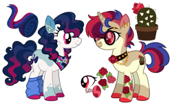 Size: 1878x1124 | Tagged: safe, artist:strawberry-spritz, derpibooru import, oc, oc only, earth pony, pony, unicorn, clothes, ear piercing, earring, female, half-siblings, horn, jewelry, leg warmers, magical lesbian spawn, mare, offspring, parent:bon bon, parent:roseluck, parent:vinyl scratch, parents:bonascratch, piercing, sunglasses