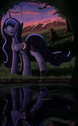 Size: 2268x3658 | Tagged: safe, artist:maretian, derpibooru import, princess luna, alicorn, pony, g4, butt, dusk, ethereal mane, ethereal tail, eyes closed, female, folded wings, horn, mare, moonbutt, mountain, plot, pond, praise the moon, raised hoof, raised leg, scenery, solo, starry mane, starry tail, stars, tail, tree, water, wet, wings