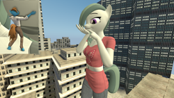 Size: 1920x1080 | Tagged: safe, artist:mrcracer, derpibooru import, marble pie, oc, oc:sharp stars, anthro, earth pony, pony, unguligrade anthro, unicorn, 3d, building, canon x oc, city, female, giantess, gm bigcity, gmod, horn, hug, macro, romance