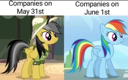 Size: 959x603 | Tagged: source needed, safe, derpibooru import, edit, edited screencap, screencap, daring do, rainbow dash, pegasus, pony, g4, wonderbolts academy, caption, clothes, hat, image macro, meme, pride, pride month, rainbow, shirt, text