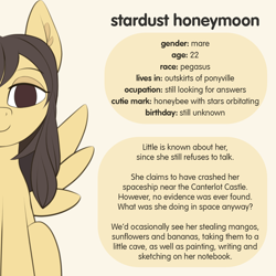 Size: 1200x1200 | Tagged: safe, derpibooru import, oc, oc only, oc:stardust honeymoon, pegasus, pony, bio, english, female, implied canterlot, mare, reference sheet, simple background, solo, spread wings, text, white background, wings