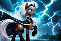 Size: 1920x1280 | Tagged: safe, ai content, derpibooru import, machine learning generated, pony, butt, female, glowing, glowing eyes, mare, marvel, plot, ponified, prompter:cunningstuntda, solo, species swap, storm (marvel), thunderstorm, x-men